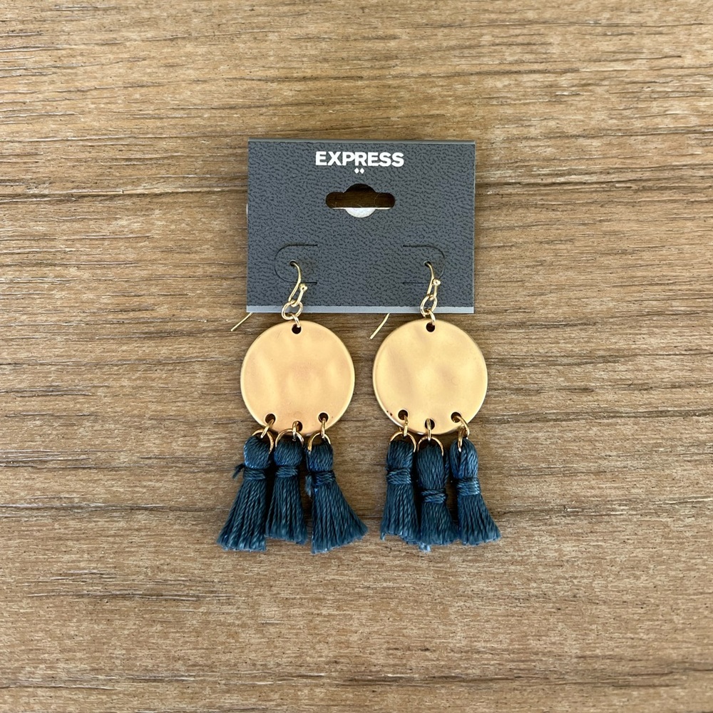 Express Hammered Gold Earrings with Blue Tassels Dangle Statement